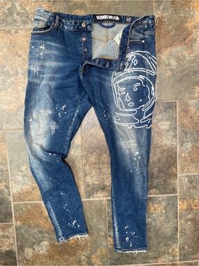 Billionaire Boys Club Men's Distressed Blue Denim Jeans - Astronaut Graffiti